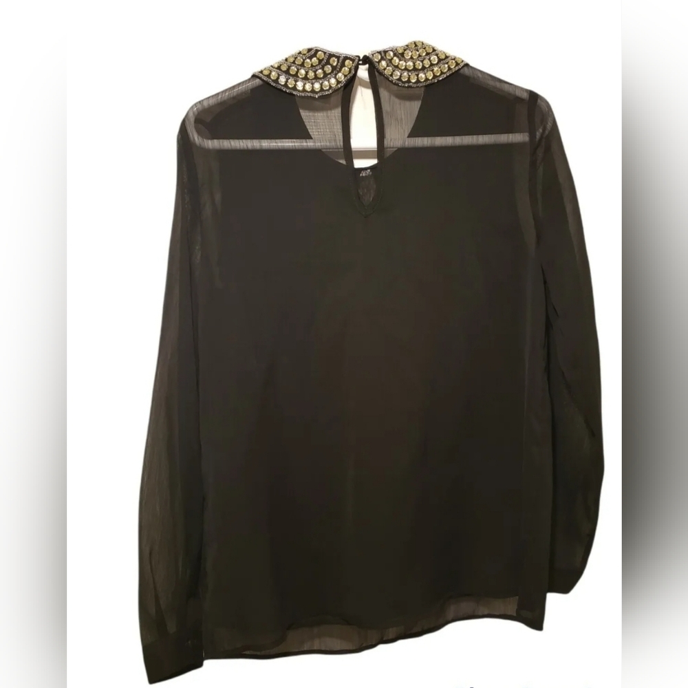 ❤️ CHARMING CHARLIE WOMEN'S SHEER BLACK BLOUSE WITH RHINESTONE COLLAR SIZE SMALL - Picture 2 of 12